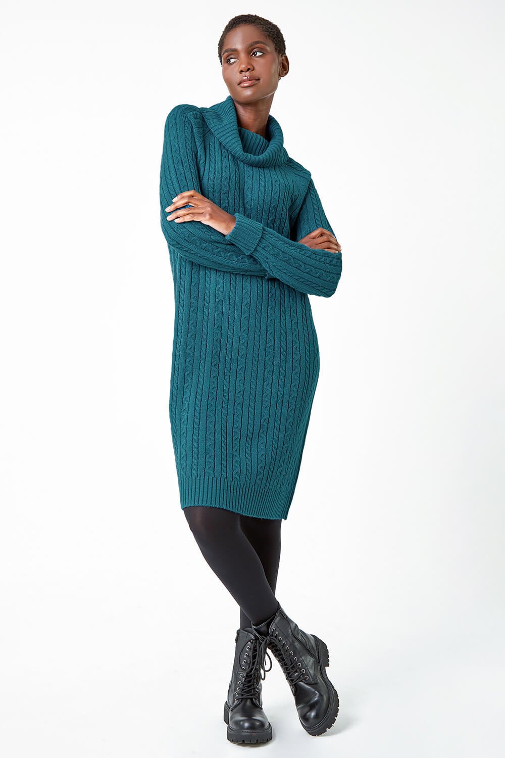 Teal Roll Neck Knitted Jumper Dress, Image 2 of 5