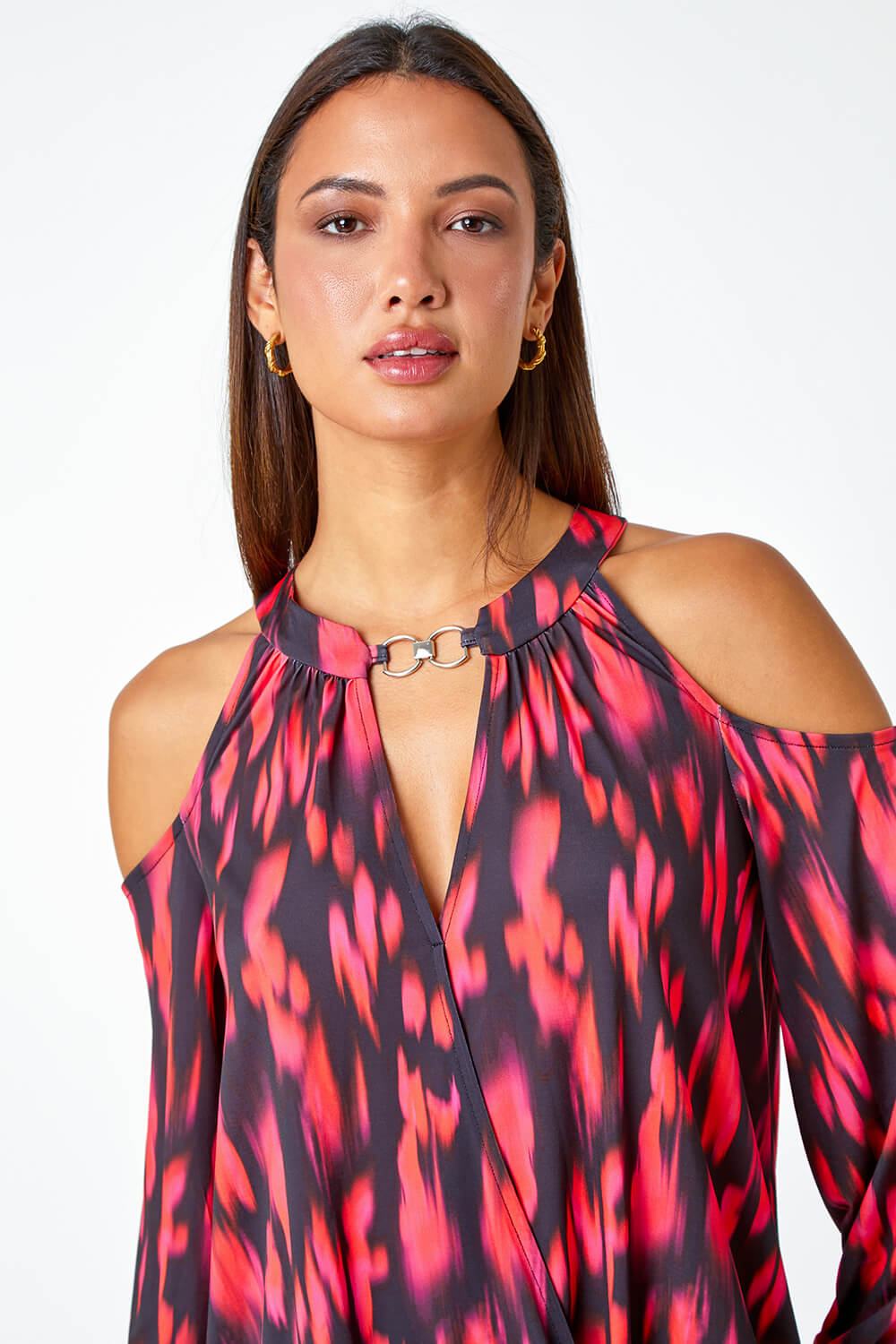 Fuchsia Abstract Print Cold Shoulder Stretch Top, Image 4 of 5