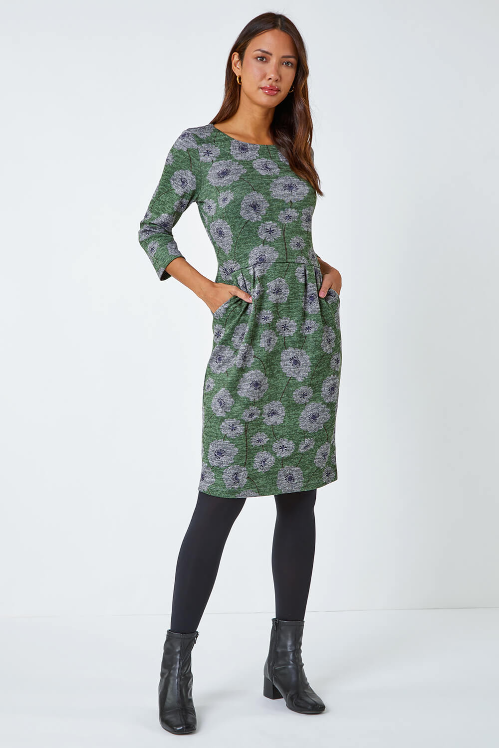 Green Floral Print Pocket Stretch Dress, Image 2 of 5