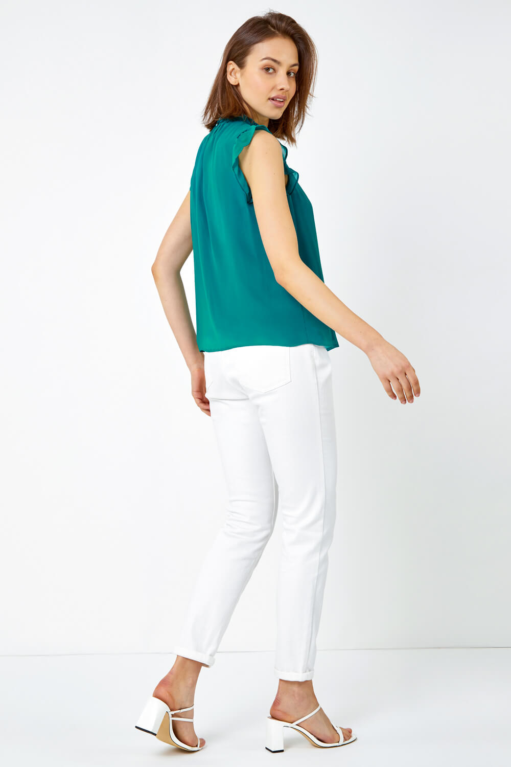 Teal Sleeveless High Neck Frill Top, Image 3 of 5