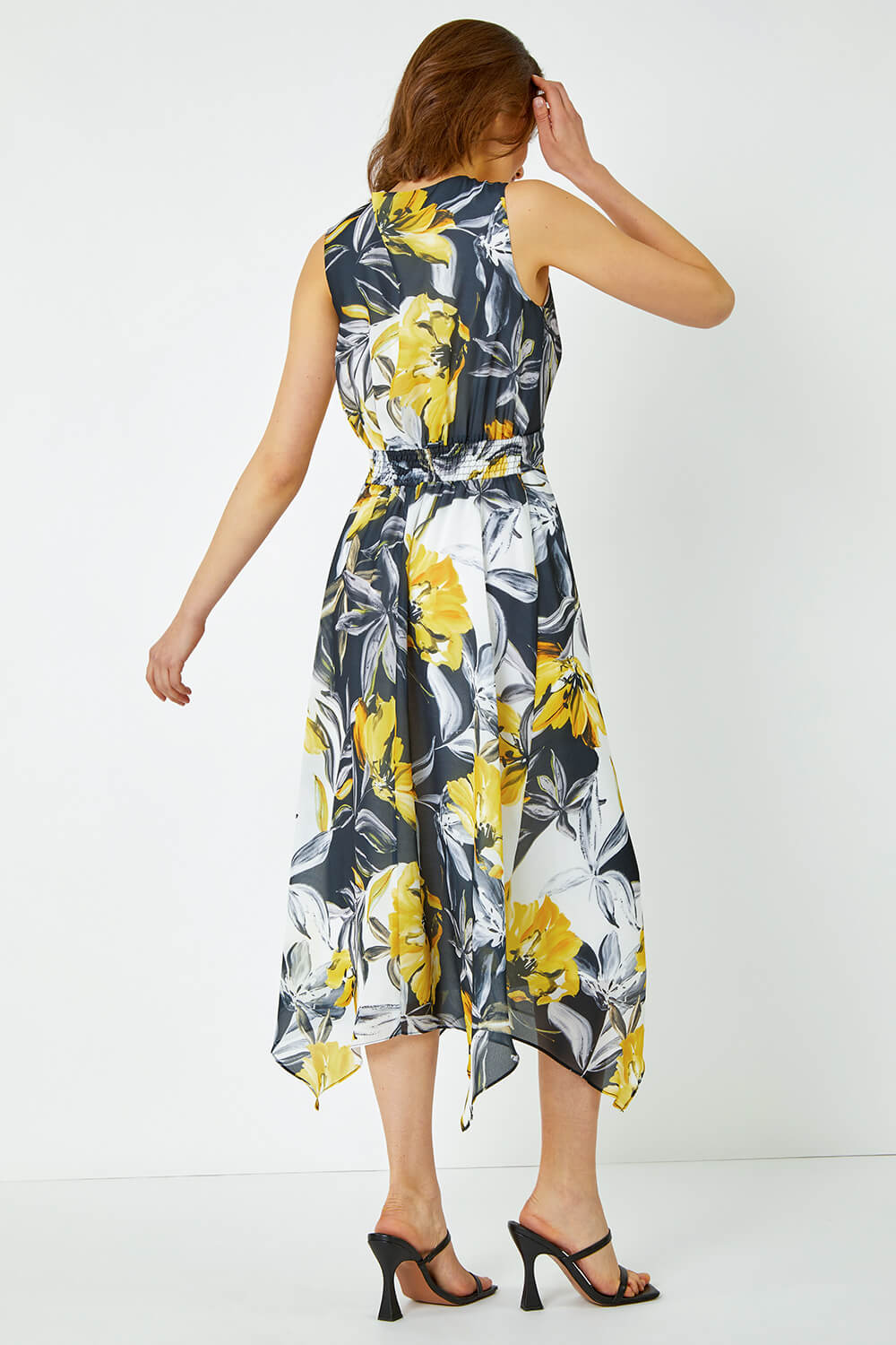 Yellow Floral Print Twist Front Midi Dress, Image 3 of 5