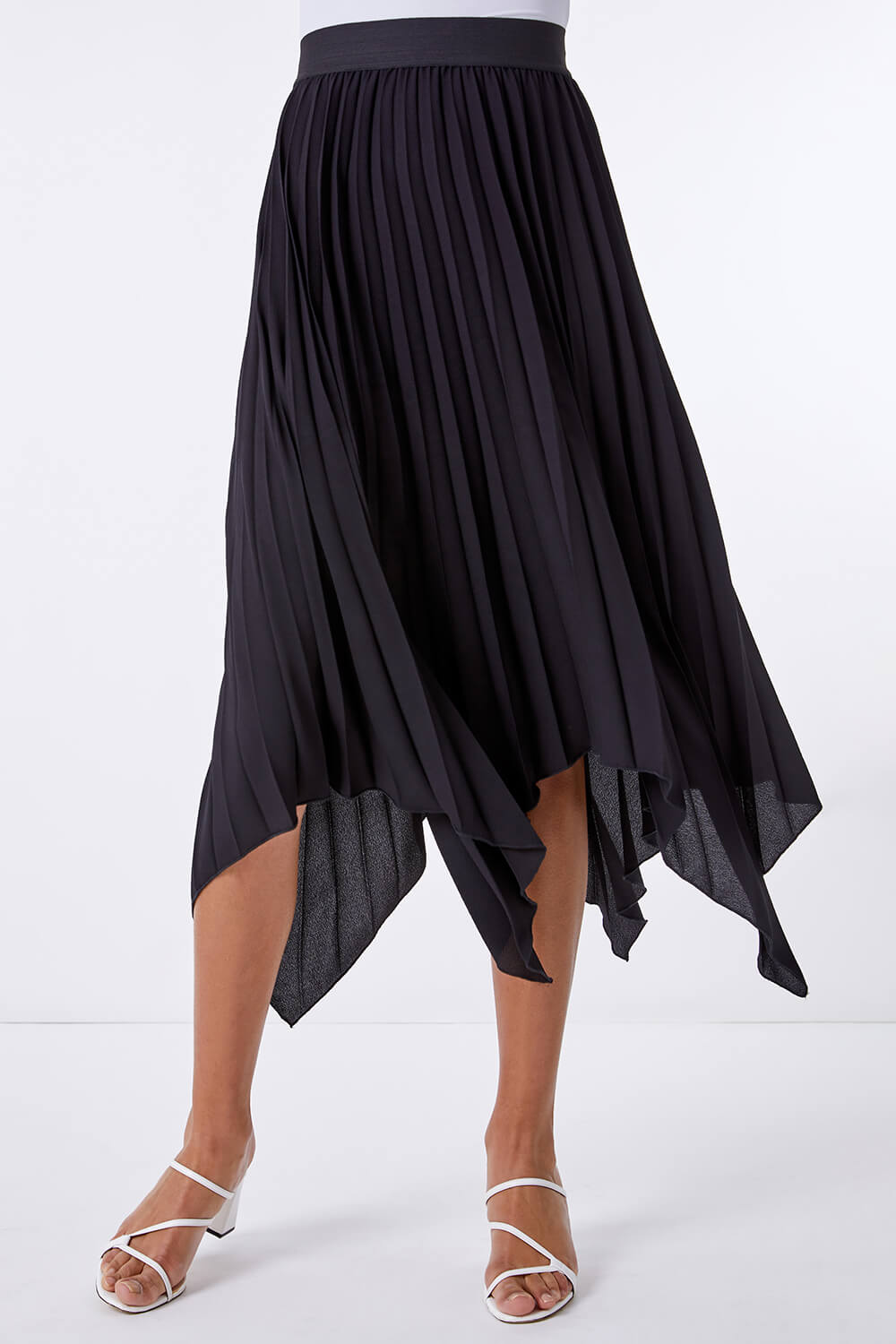 Black Pleated Hanky Hem Midi Skirt, Image 2 of 4