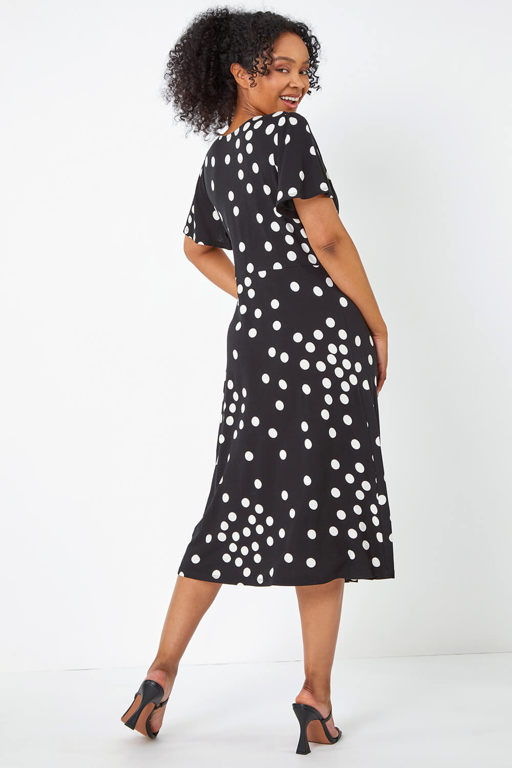 Black Petite Polka Dot Stretch Midi Dress, Image 3 of 5