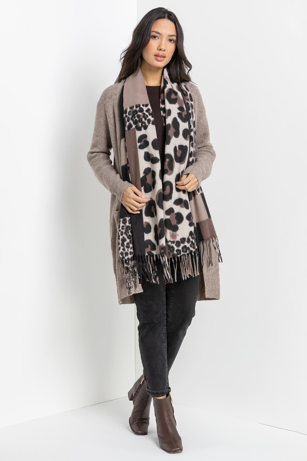 Taupe Colour Block Animal Print Scarf, Image 3 of 4