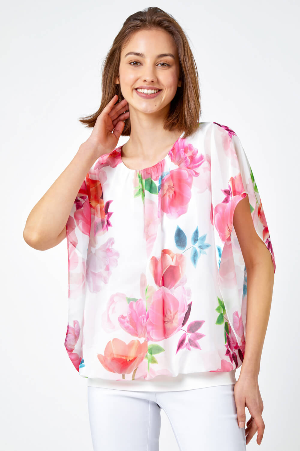 Ivory  Floral Overlay Blouson Stretch Top, Image 4 of 5