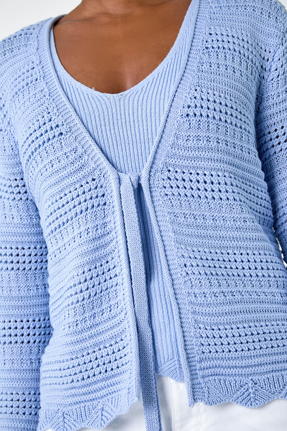 Light Blue  Scallop Edge Knit Cotton Blend Cardigan, Image 5 of 7