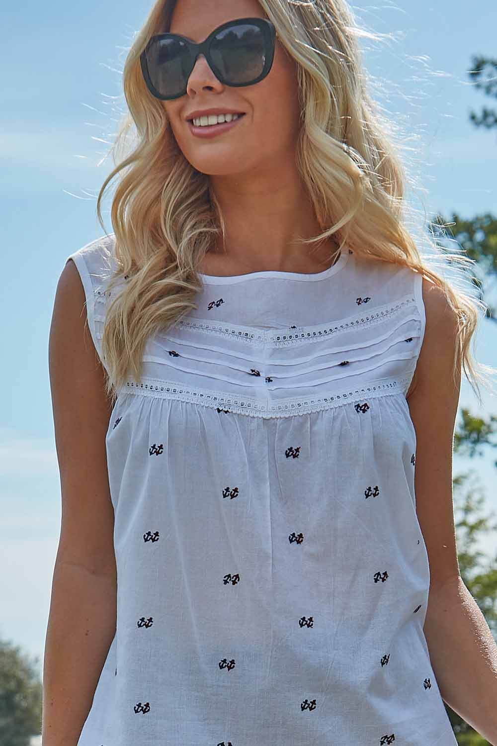 Ivory  Anchor Embroidered Round Neck Shell Top, Image 2 of 5