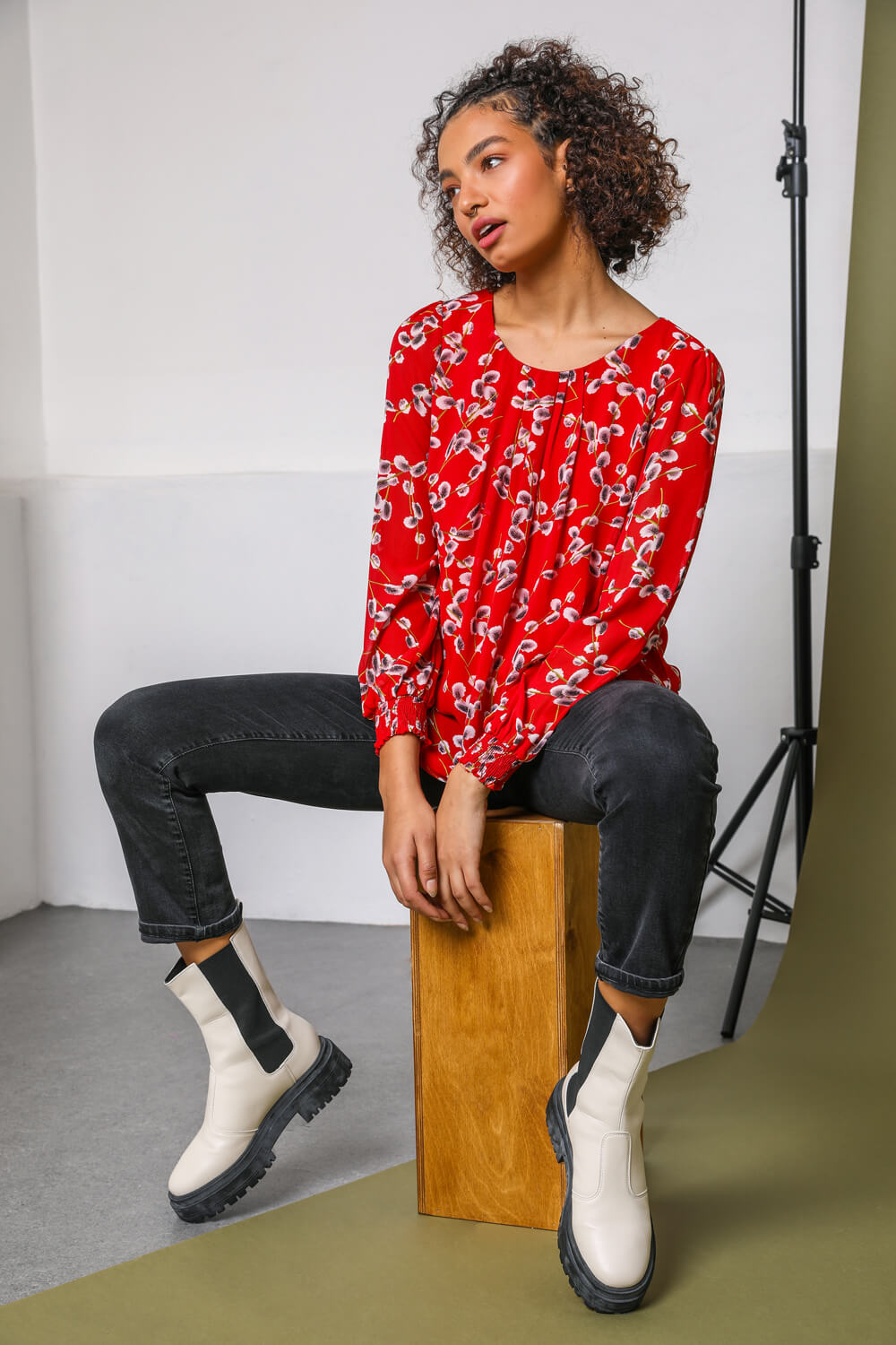 Red Floral Print Pleated Neck Top, Image 5 of 5