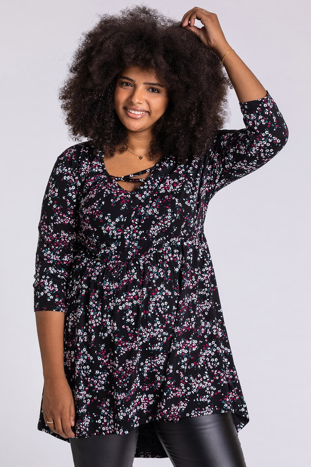 Plum Curve Floral Cross Detail Tunic Top, Image 3 of 4
