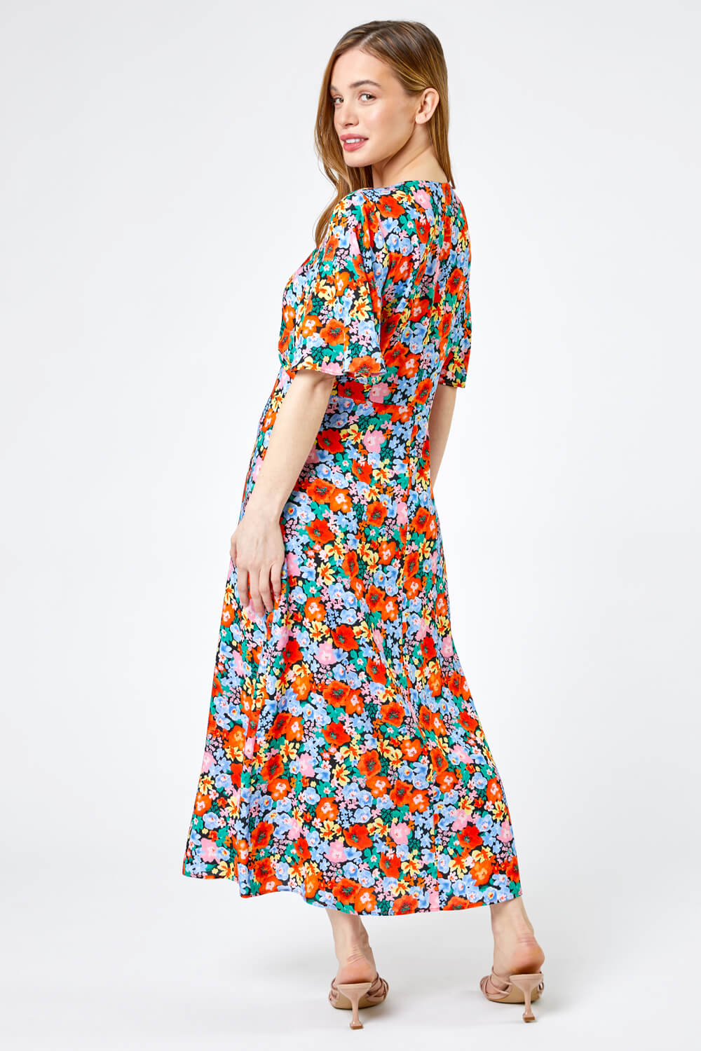 ORANGE Petite Floral Button Through Midi Dress, Image 2 of 5