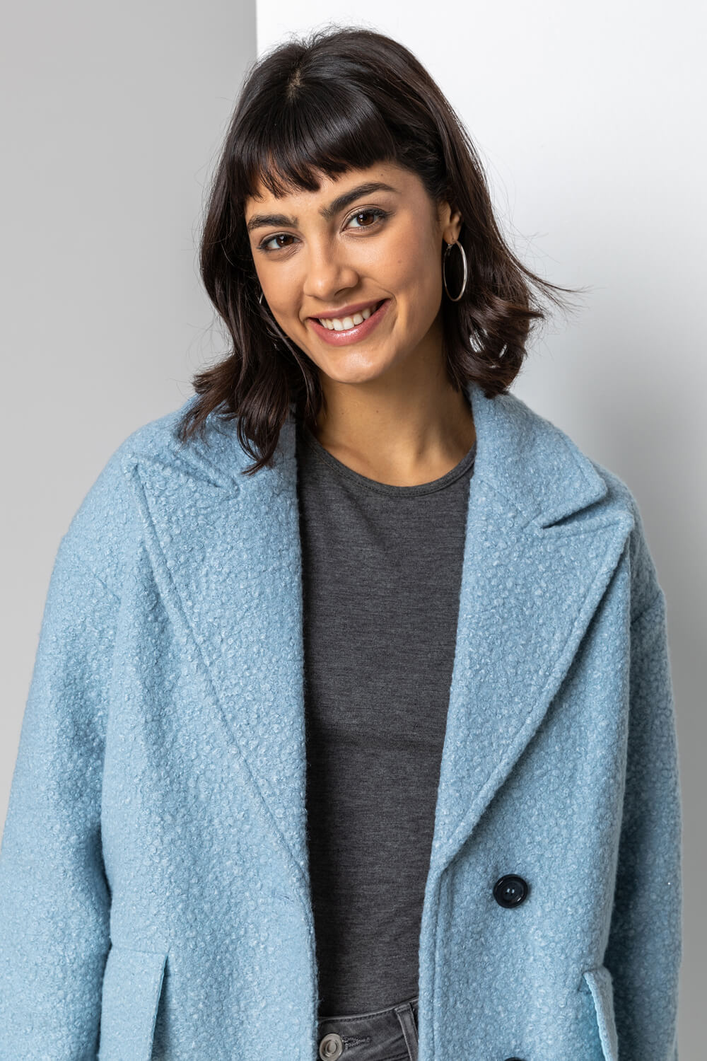 Light Blue  Single Breasted Longline Textured Coat, Image 4 of 5