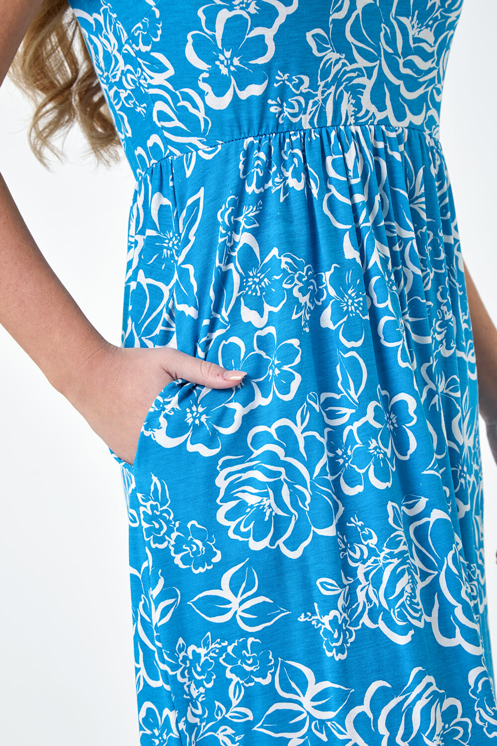 Blue Petite Floral Print Stretch Pocket Midi Dress, Image 5 of 5