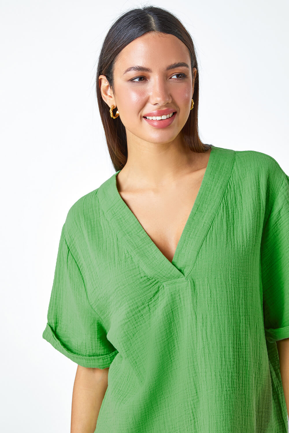 Green Textured Cotton Relaxed T-Shirt, Image 4 of 5
