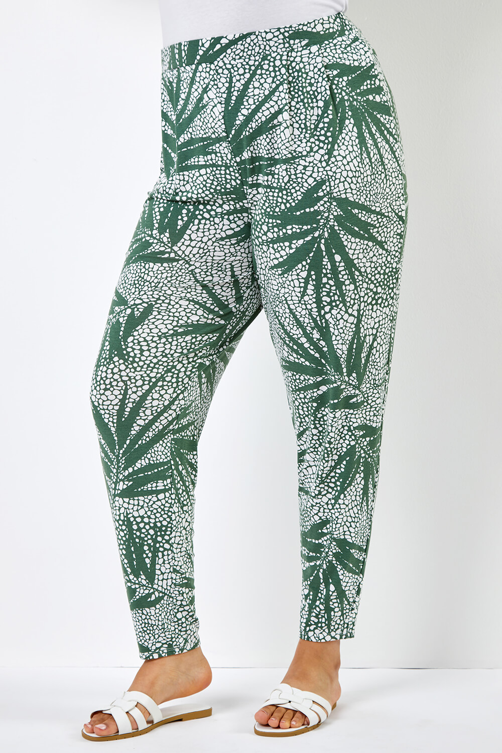 Curve Leaf Print Jersey Tapered Trouser