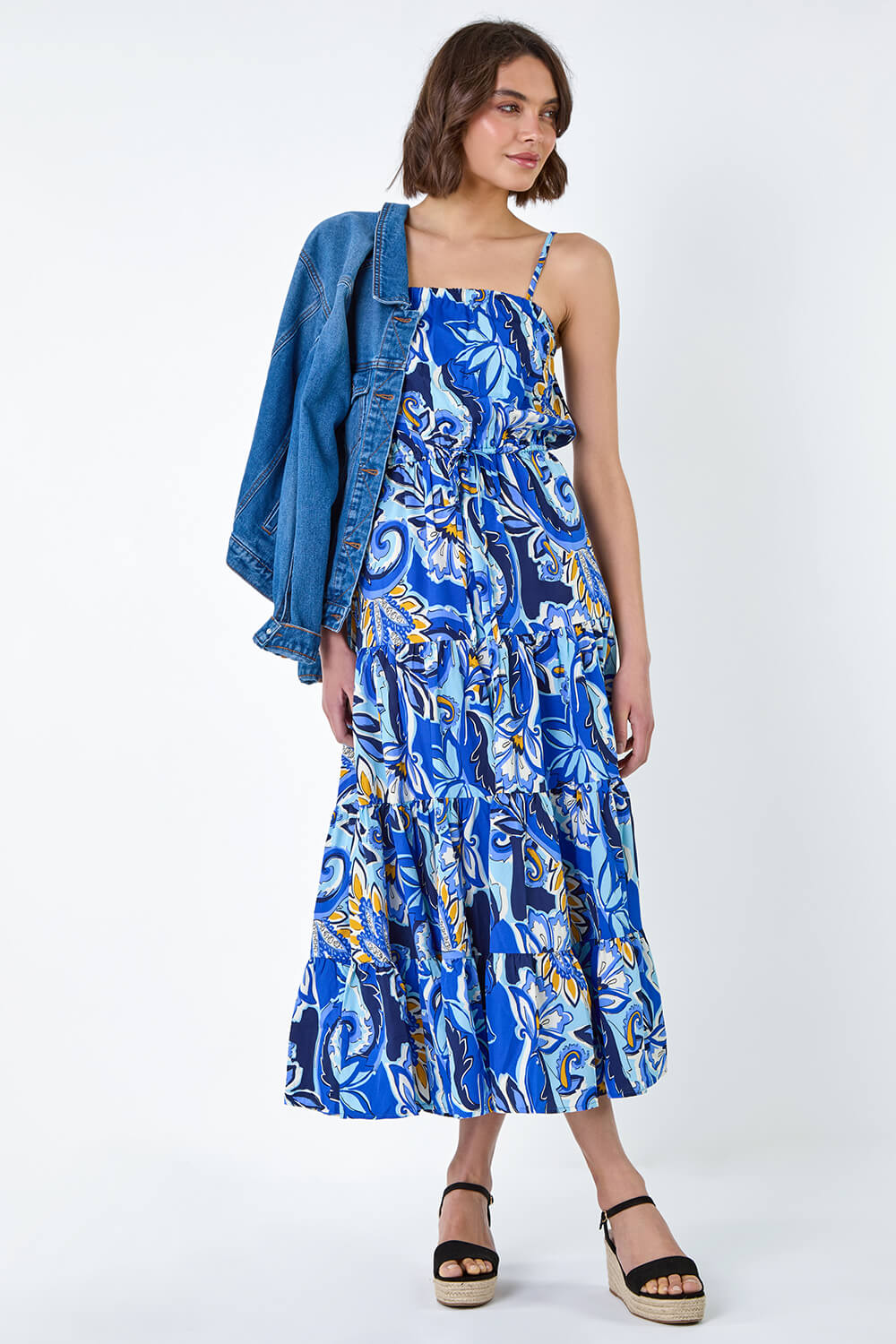 Royal Blue Baroque Print Tiered Midi Dress, Image 2 of 5