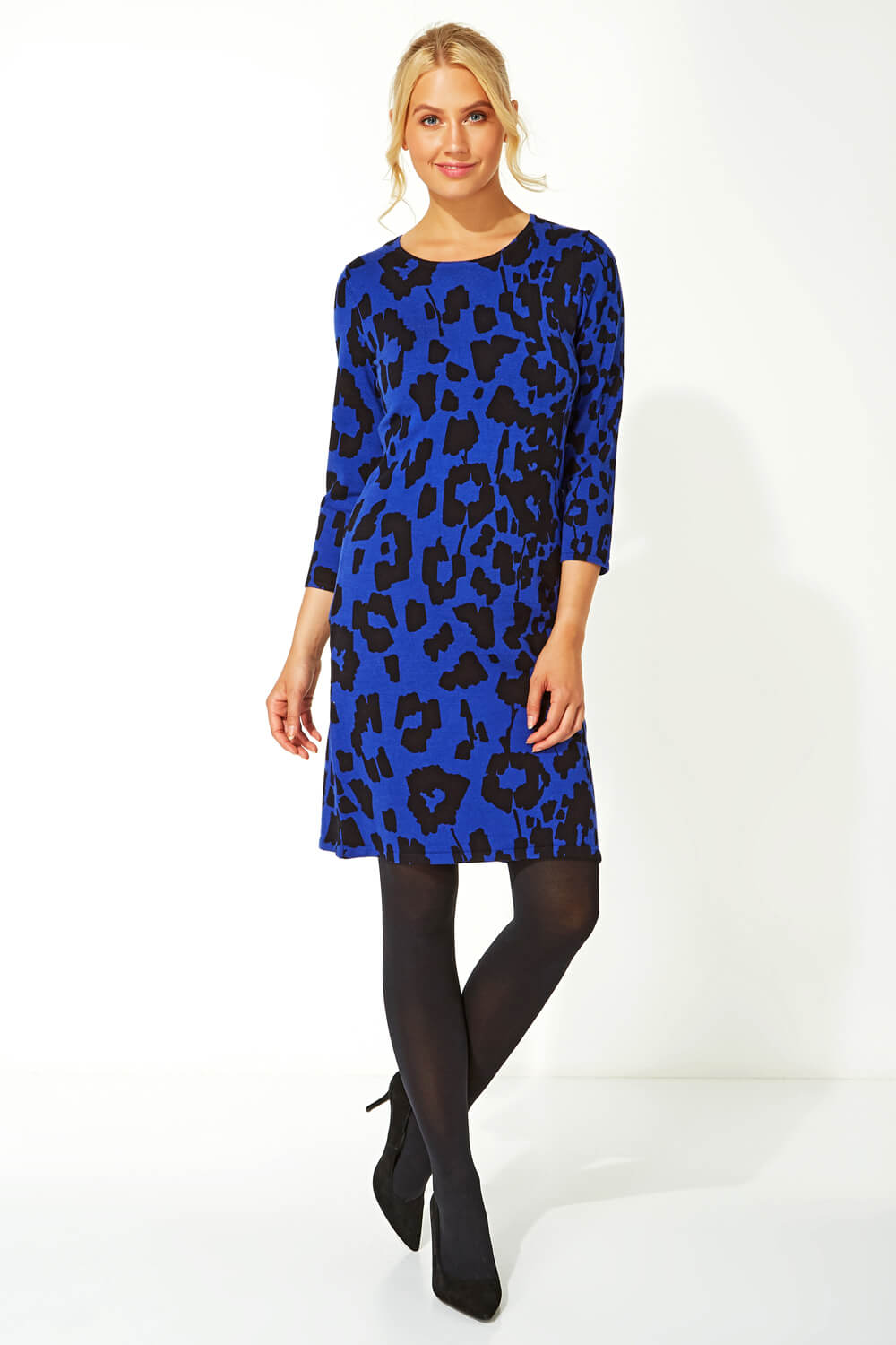 Royal Blue Leopard Print Knitted Dress, Image 2 of 4