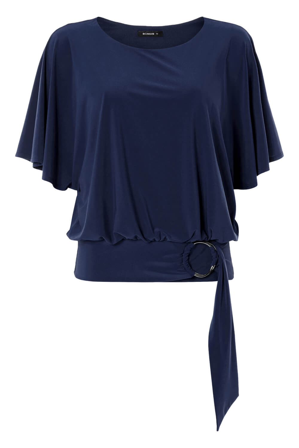 Ring Detail Blouson Top in Navy - Roman Originals UK