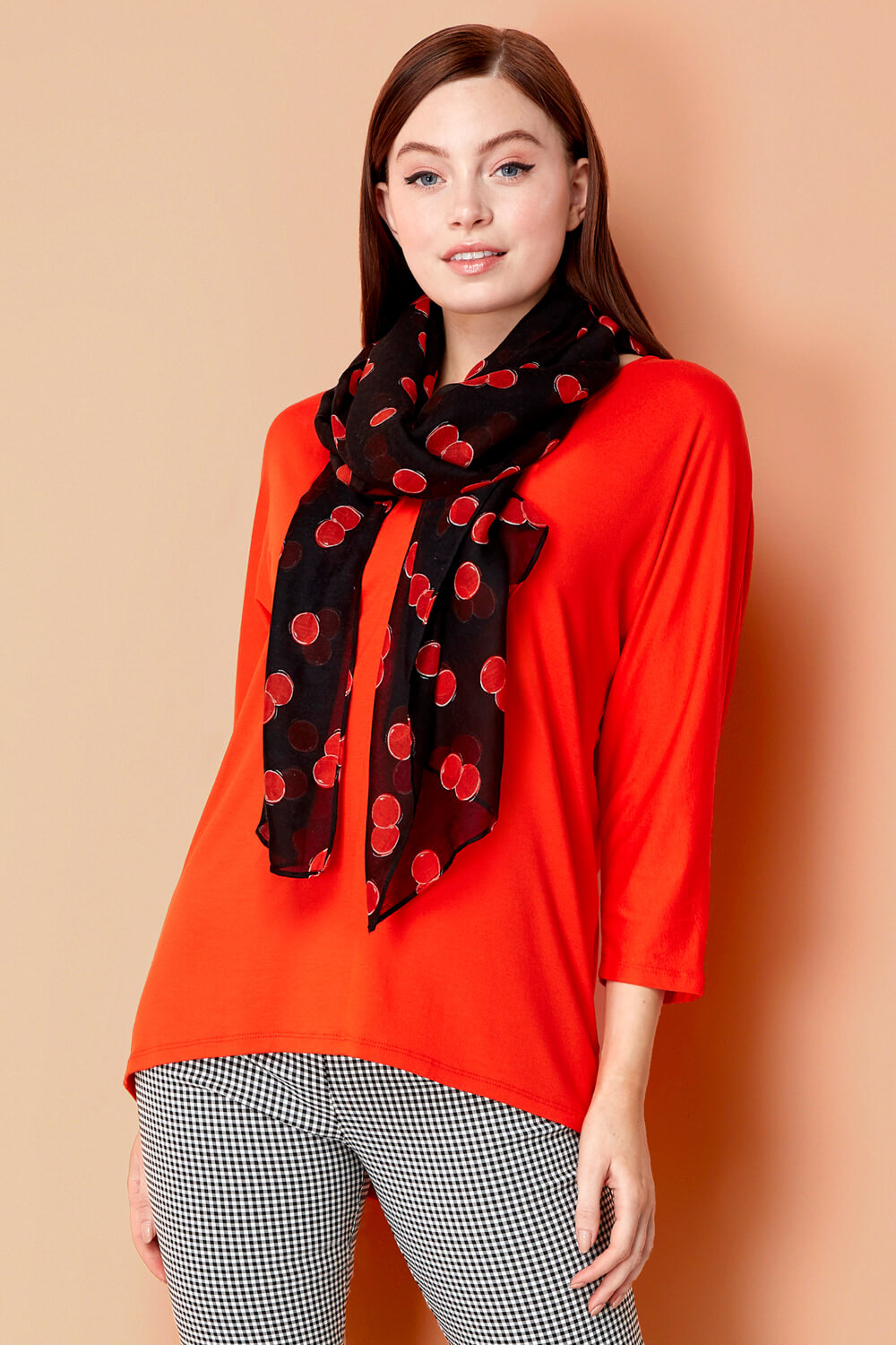 Loose T-Shirt and Cherry Print Scarf