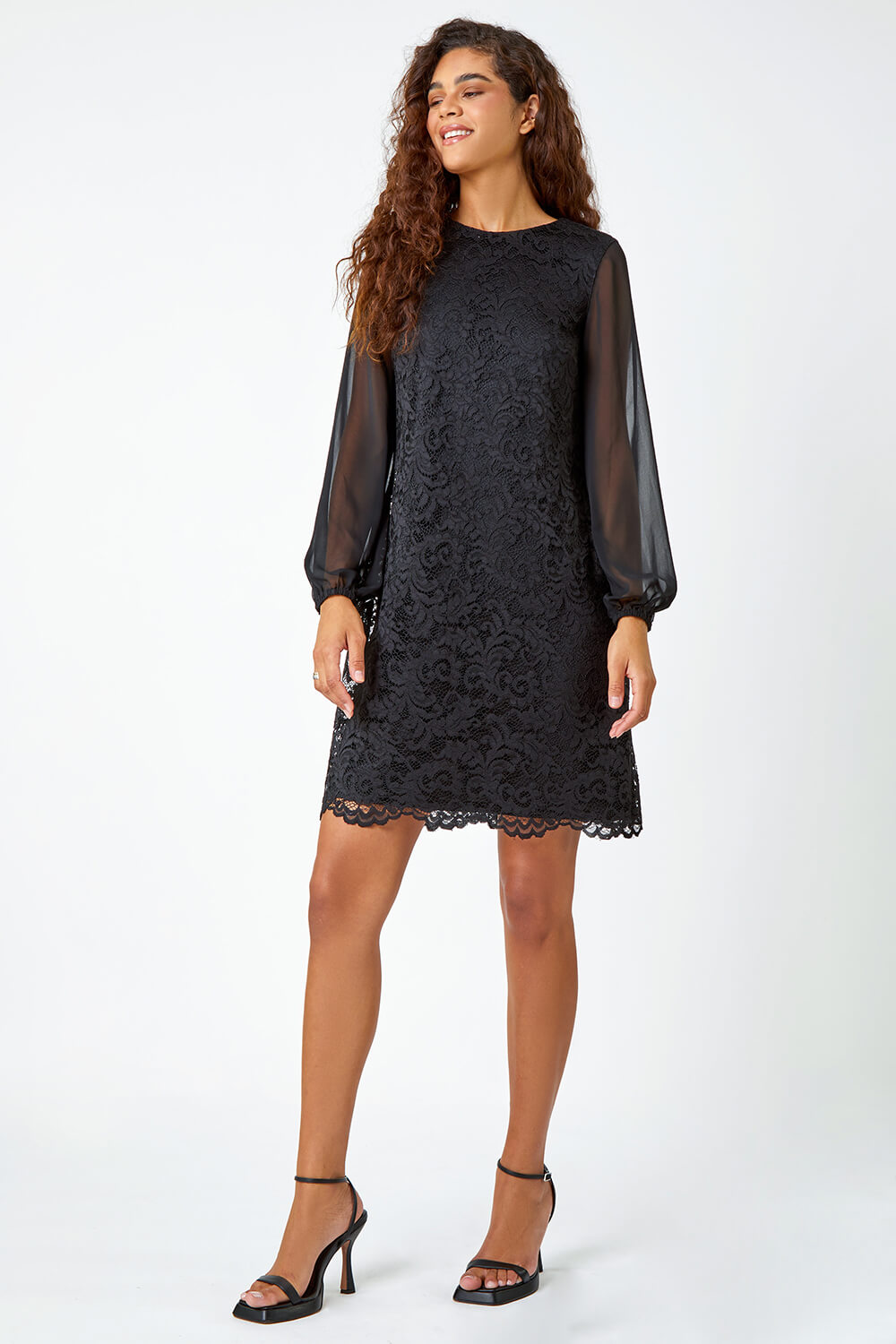 Black Floral Lace Chiffon Sleeve Shift Dress, Image 2 of 5