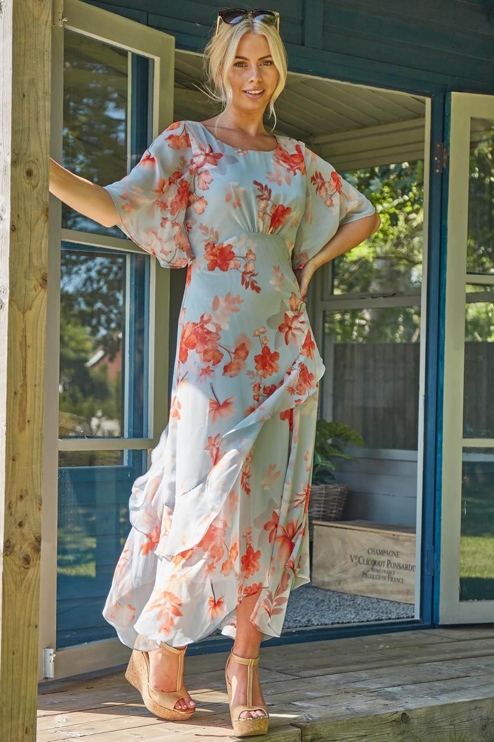 ORANGE Floral Frill Short Sleeve Midi Dress, Image 4 of 5