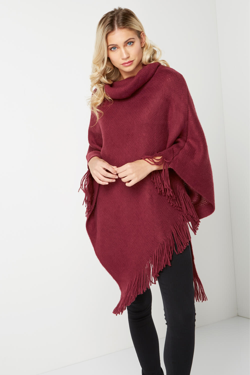 Roll Neck Poncho in Burgundy - Roman Originals UK