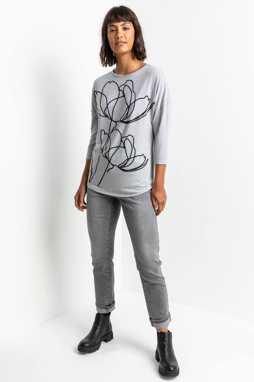 Grey Floral Abstract Print Top, Image 3 of 5
