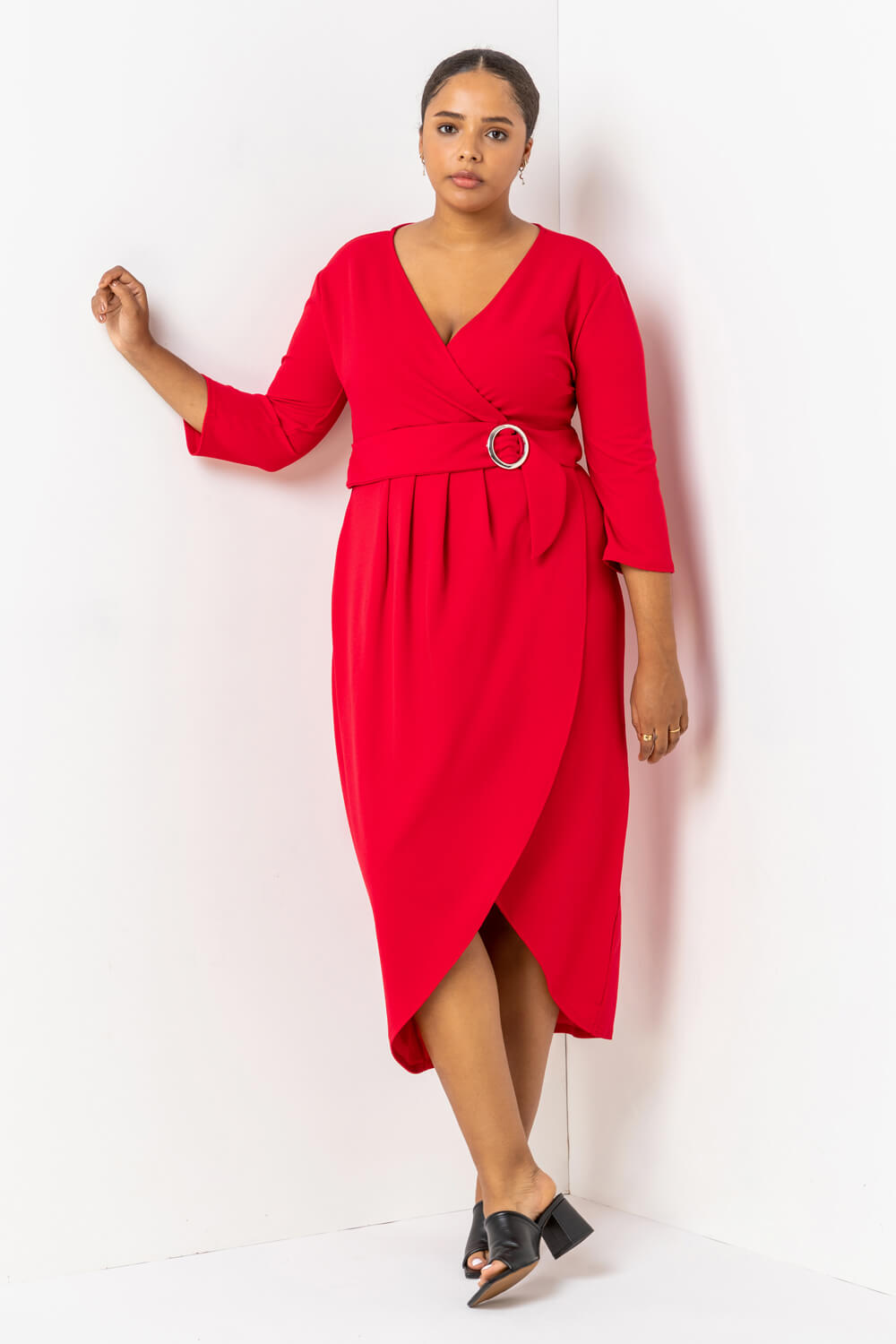 Red Curve Buckled Belt Ruched Wrap Dress, Image 3 of 5