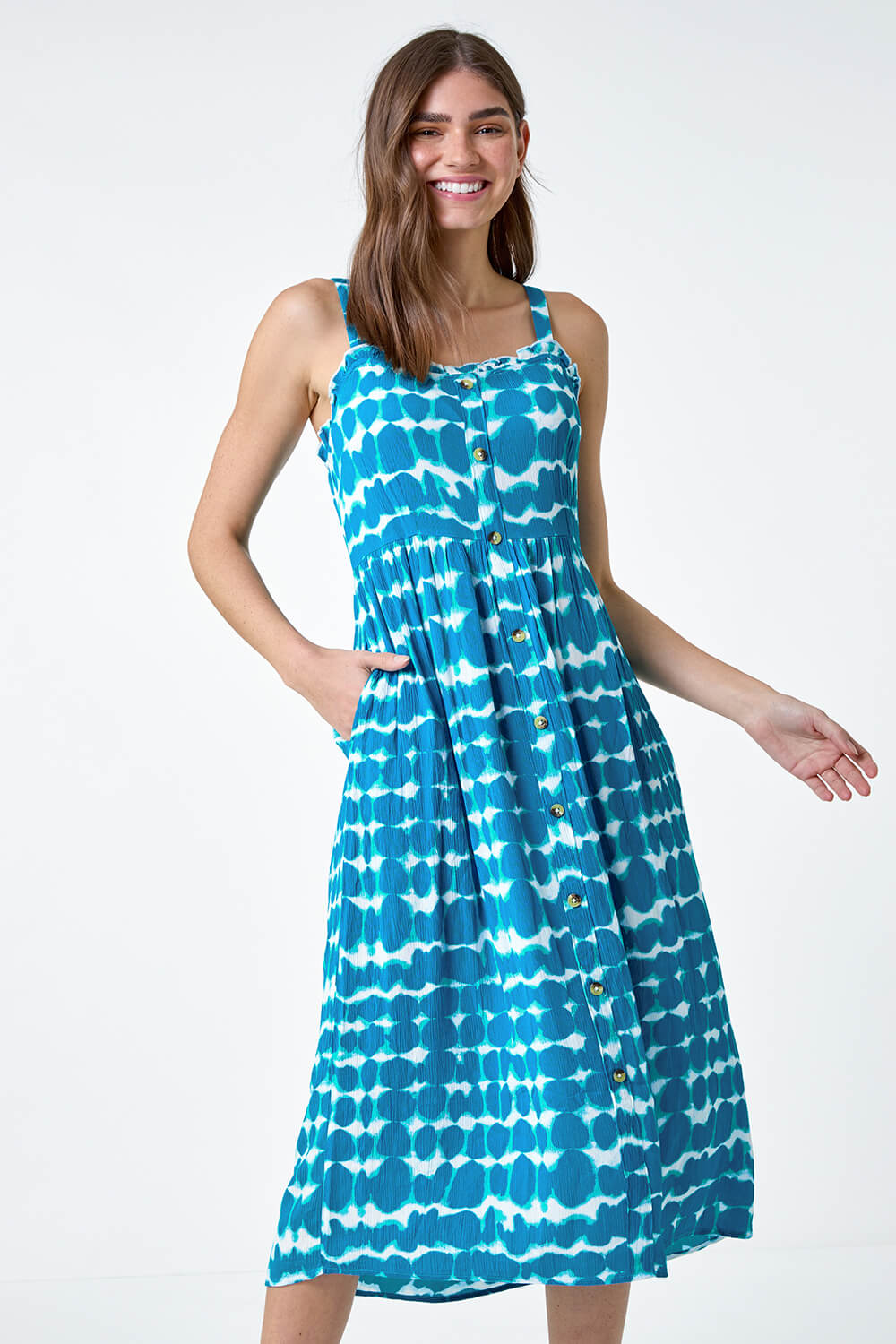 Turquoise Tie Dye Spot Print Midi Sundress, Image 2 of 5