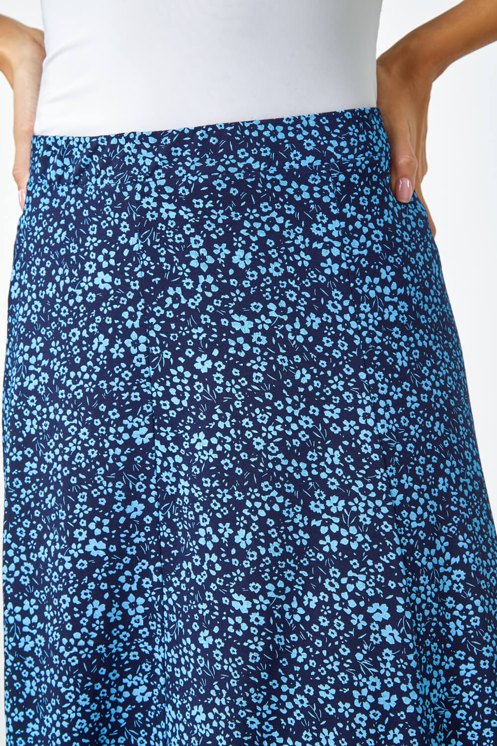 Blue Ditsy Floral Stretch Midi Skirt, Image 5 of 5