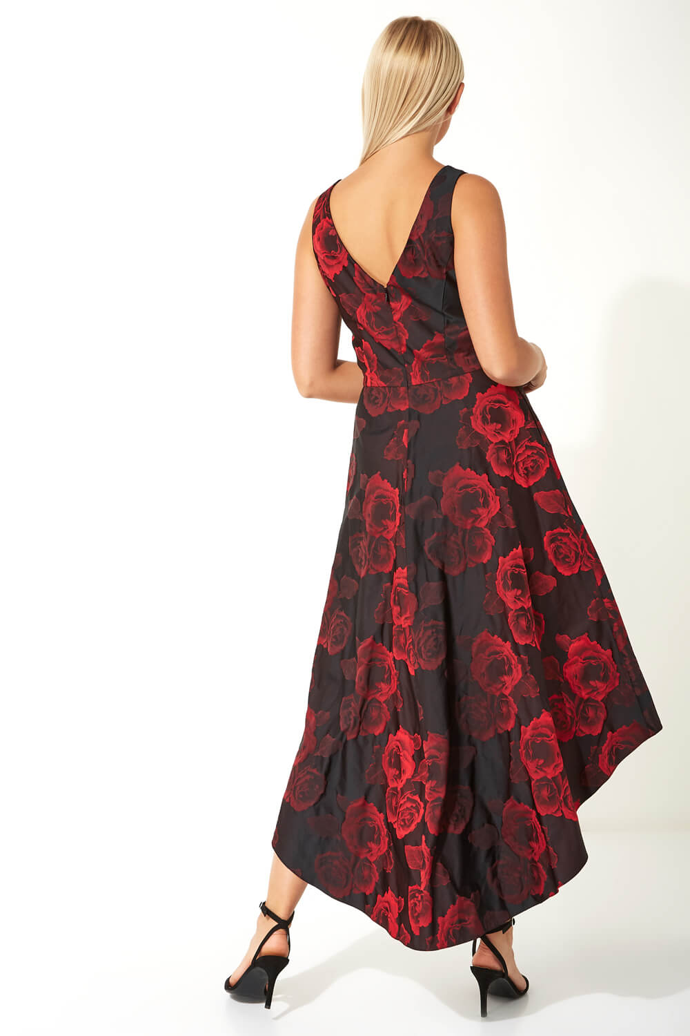 Red Rose Print Dipped Hem Dress, Image 2 of 4