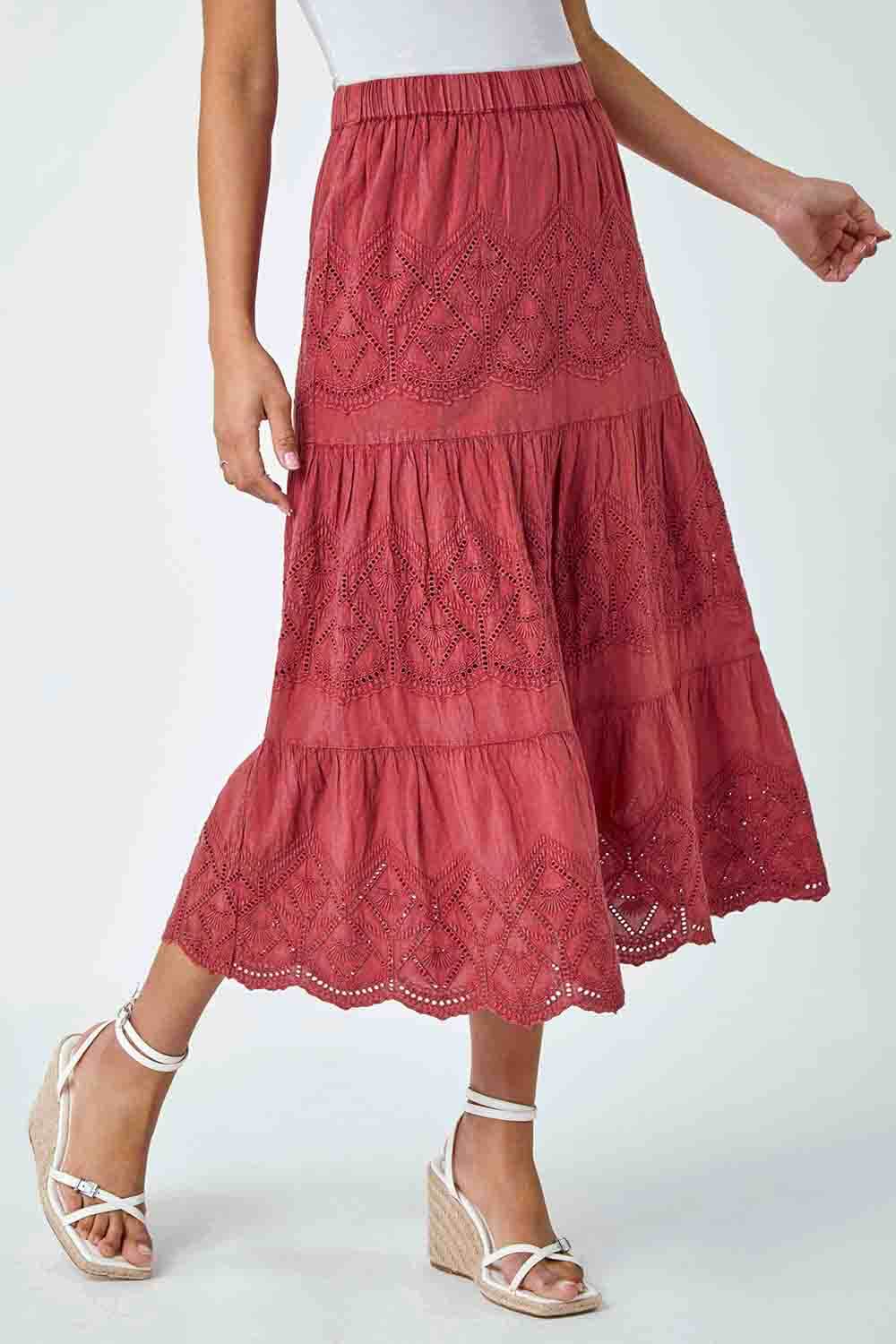 Rust Broderie Tiered Stretch Midi Skirt, Image 4 of 5