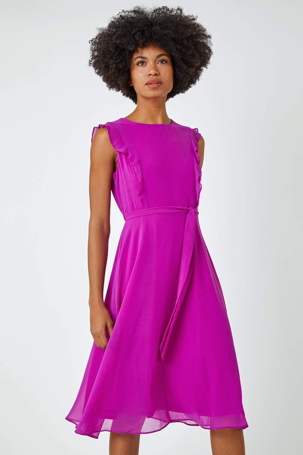 Purple Sleeveless Frill Detail Chiffon Dress, Image 2 of 5