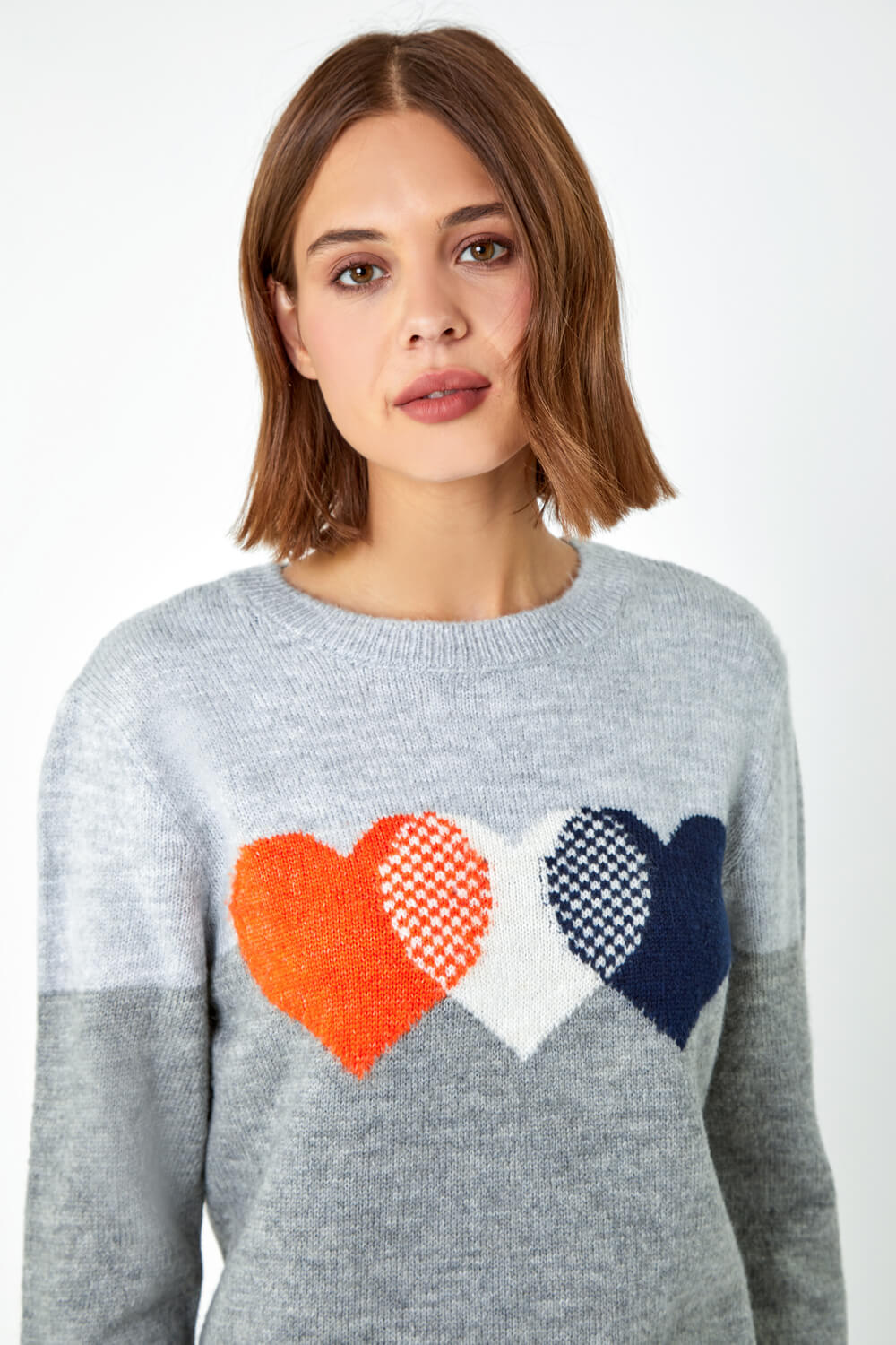 Grey Heart Print Contrast Sleeve Jumper , Image 4 of 5