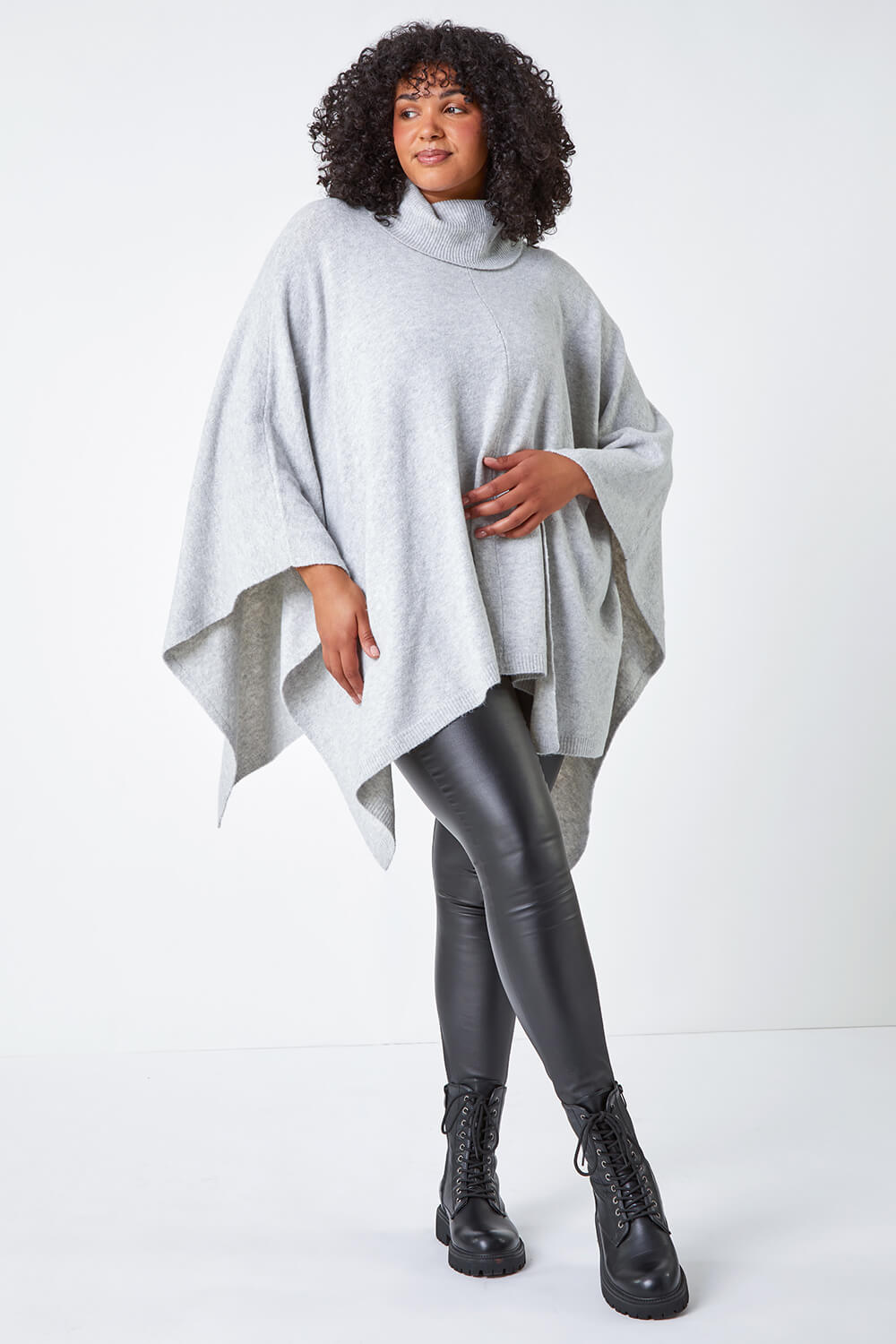 Grey Curve One Size Button Stretch Poncho, Image 4 of 7