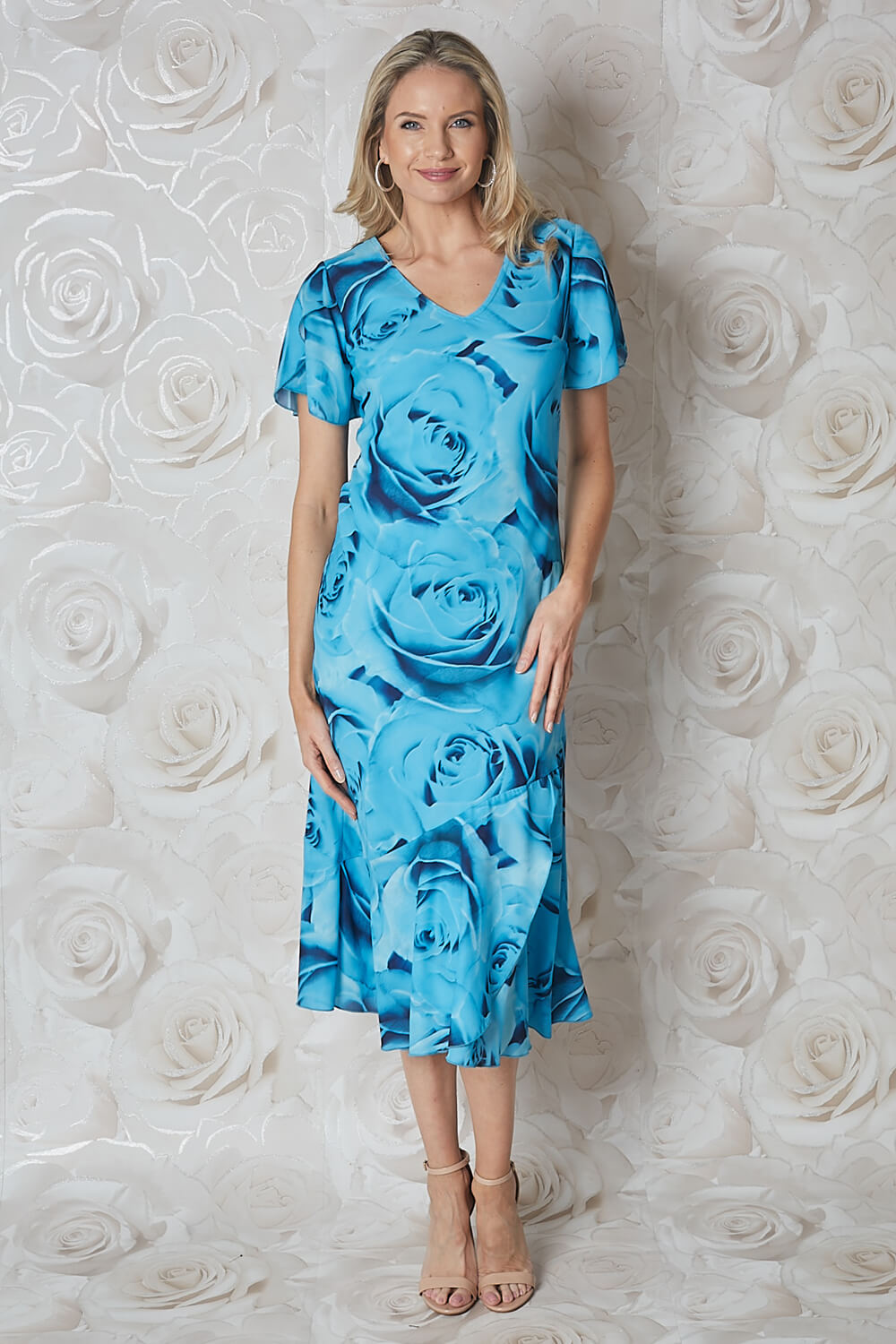 Blue Rose Print Bias Cut Midi Dress , Image 2 of 4