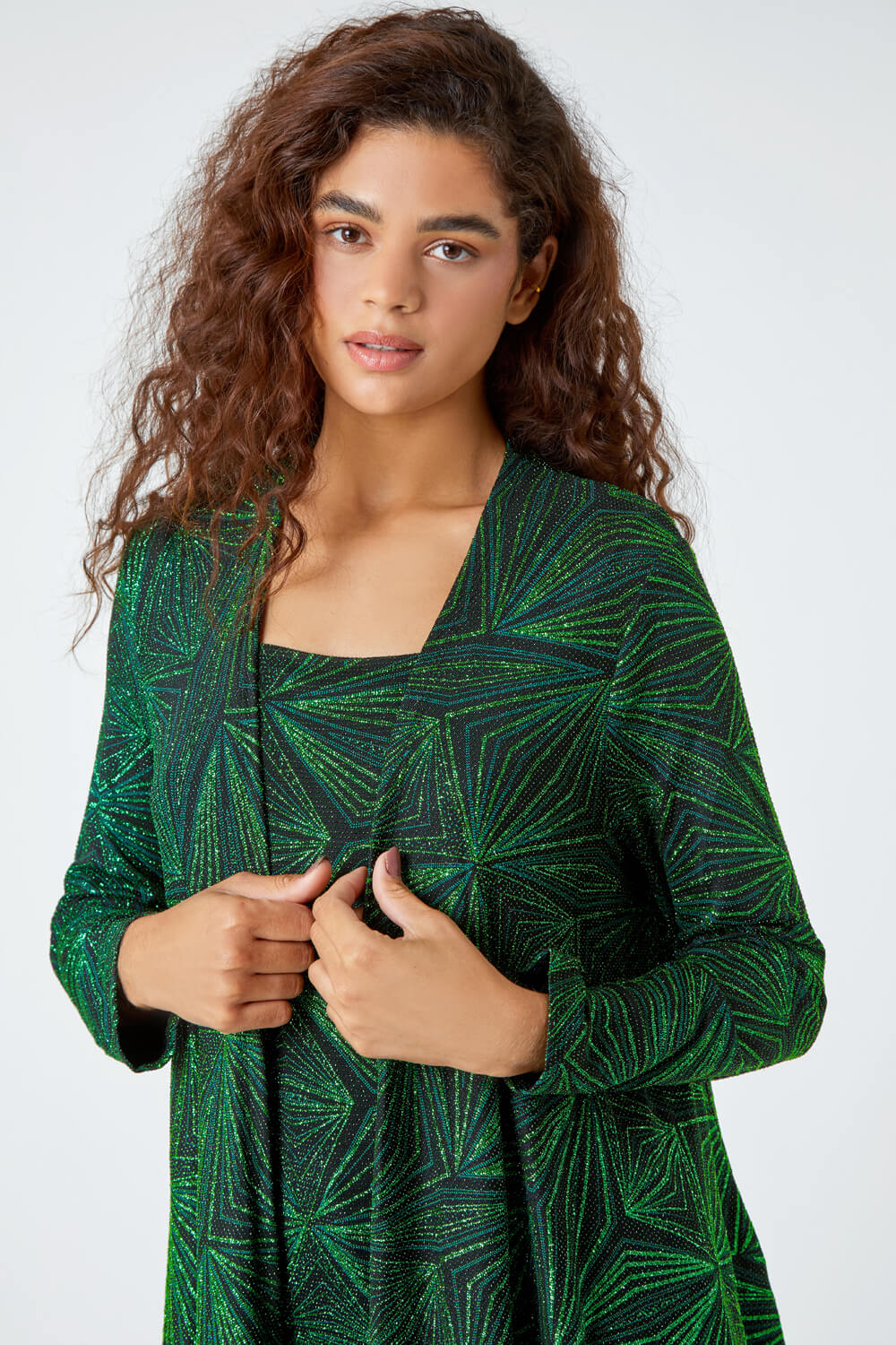 Green Geometric Sparkle Embellished Kimono, Image 4 of 5