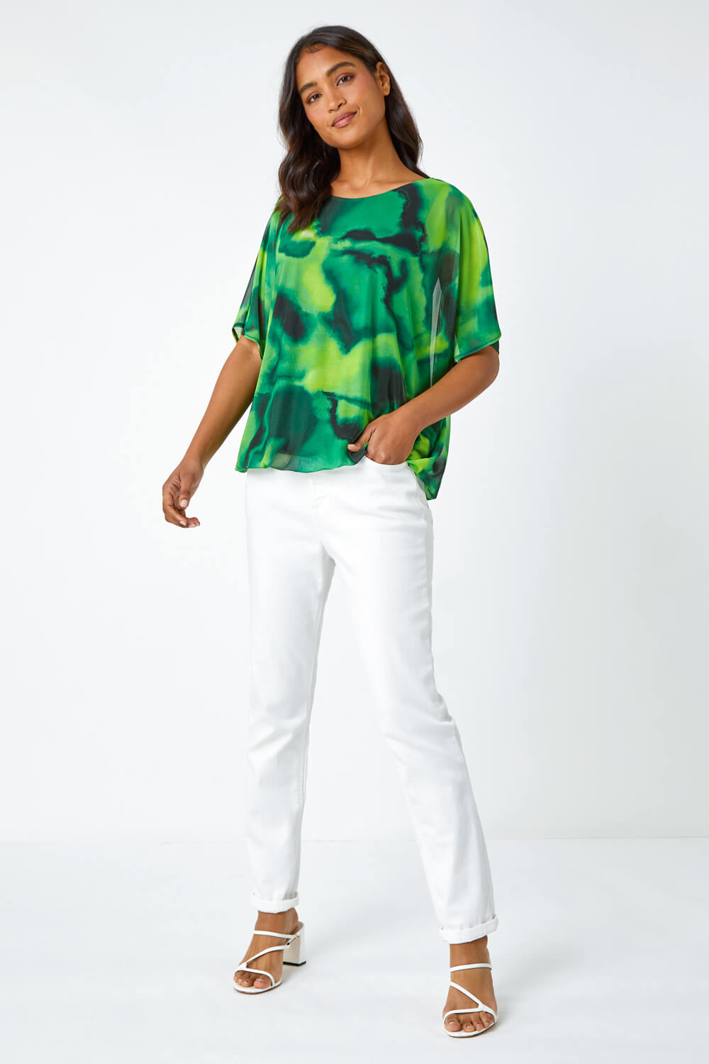 Green Printed Mesh Overlay Batwing Top, Image 2 of 5