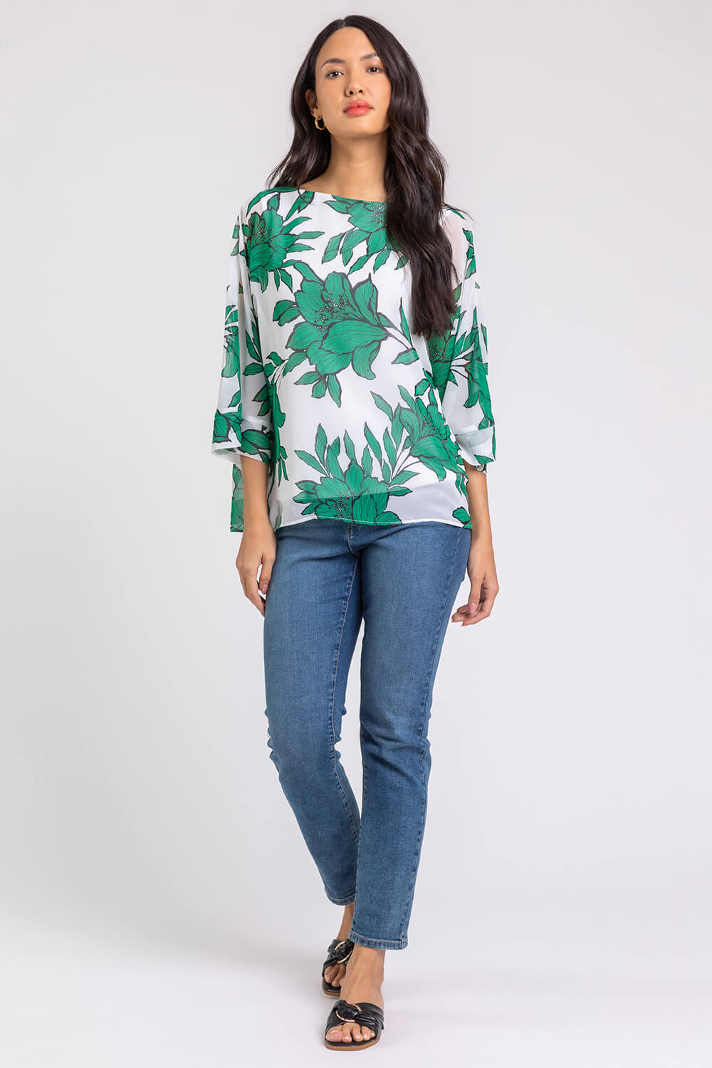 Green Floral Print Chiffon Overlay Top, Image 3 of 5