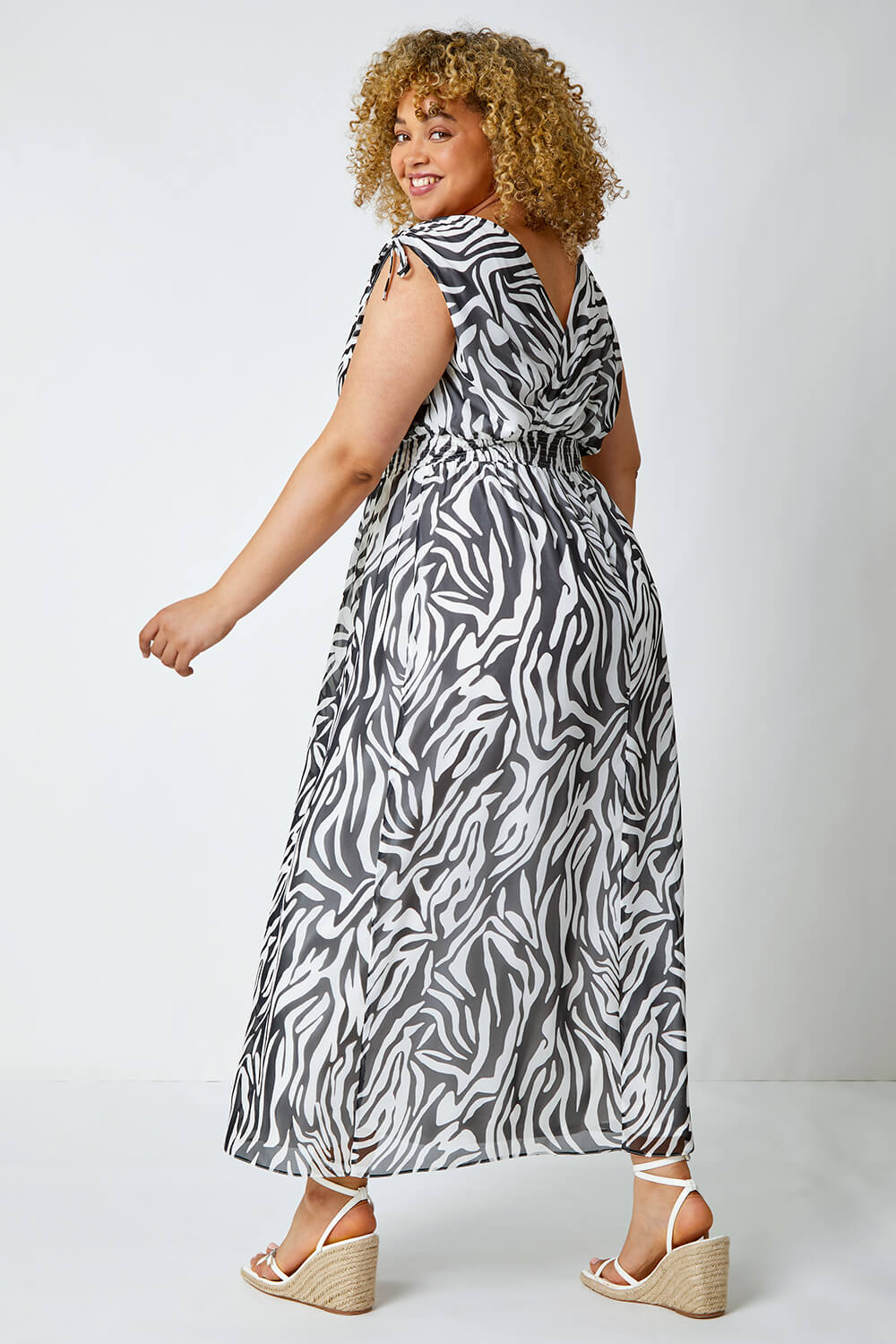 Black Curve Zebra Print Shirred Stretch Maxi Dress, Image 3 of 5