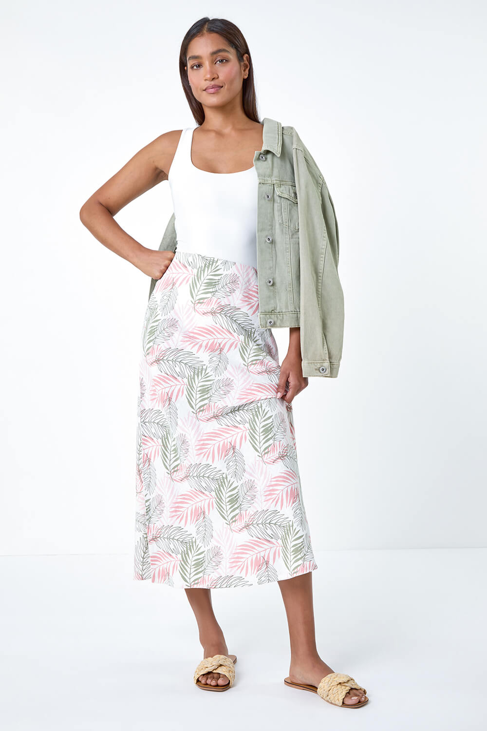 Leaf Print Linen Blend A-Line Skirt