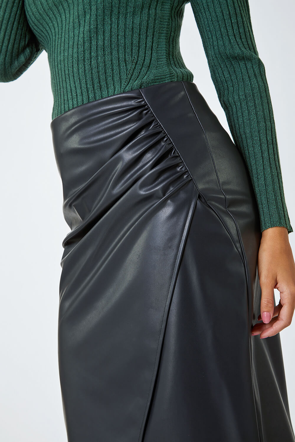 Black Faux Leather Ruched Wrap Skirt, Image 5 of 5
