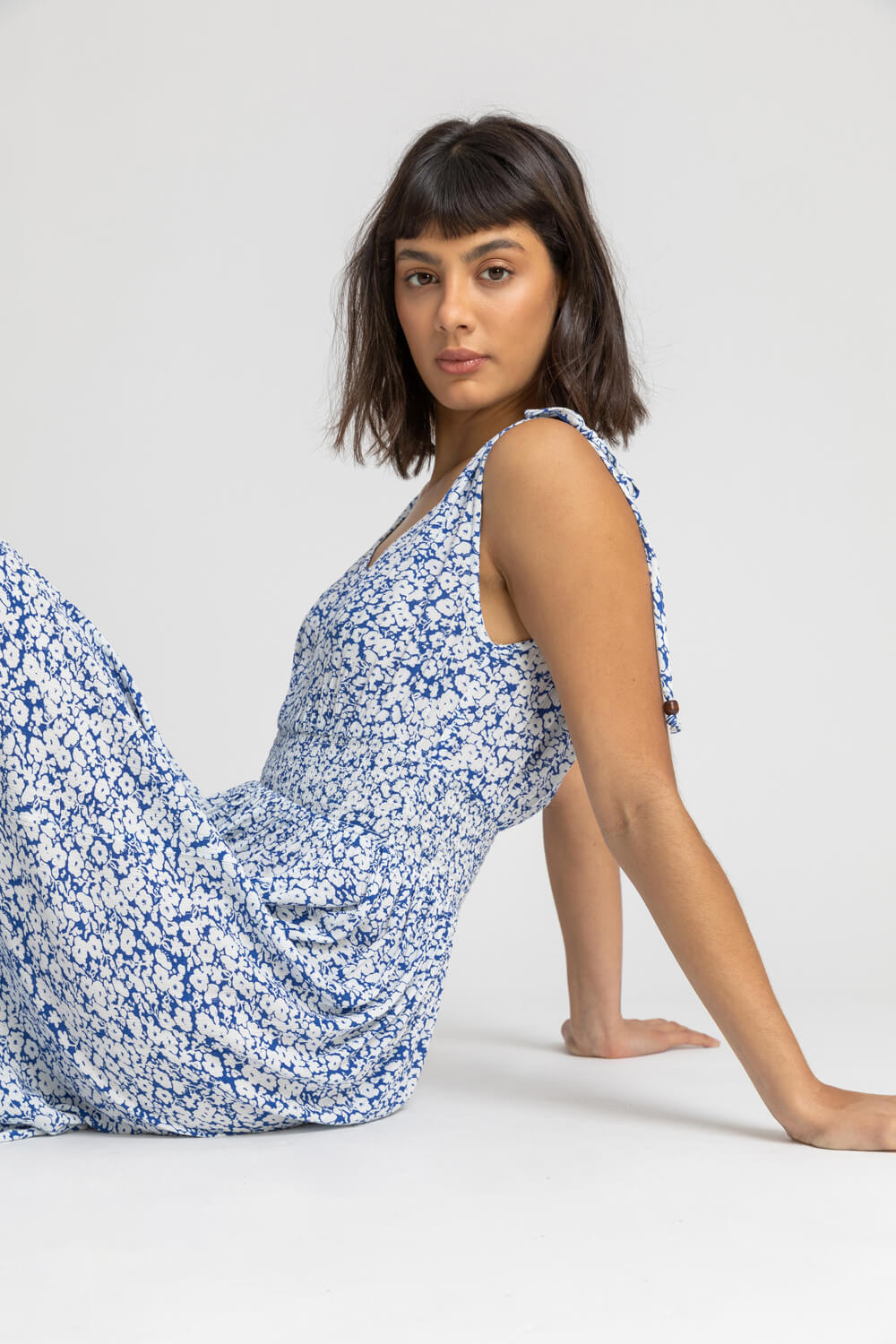Blue Ditsy Floral Shirred Waist Maxi Dress, Image 5 of 5