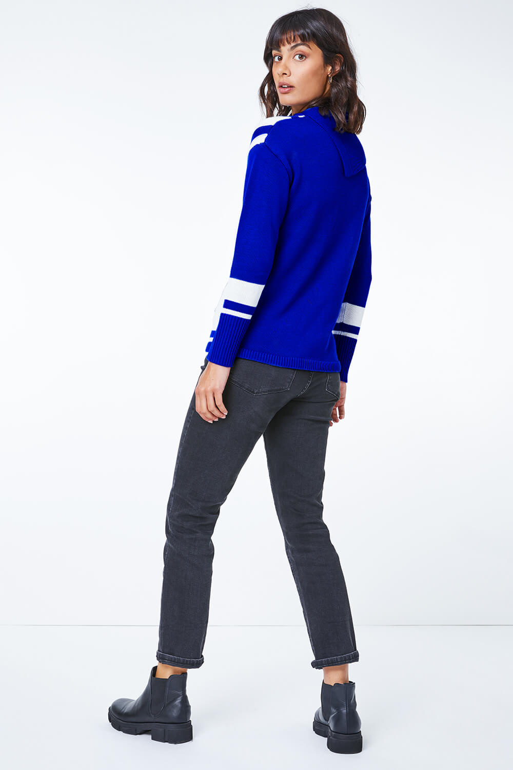 Royal Blue Textured Knit Button Detail Stripe Jumper, Image 3 of 5