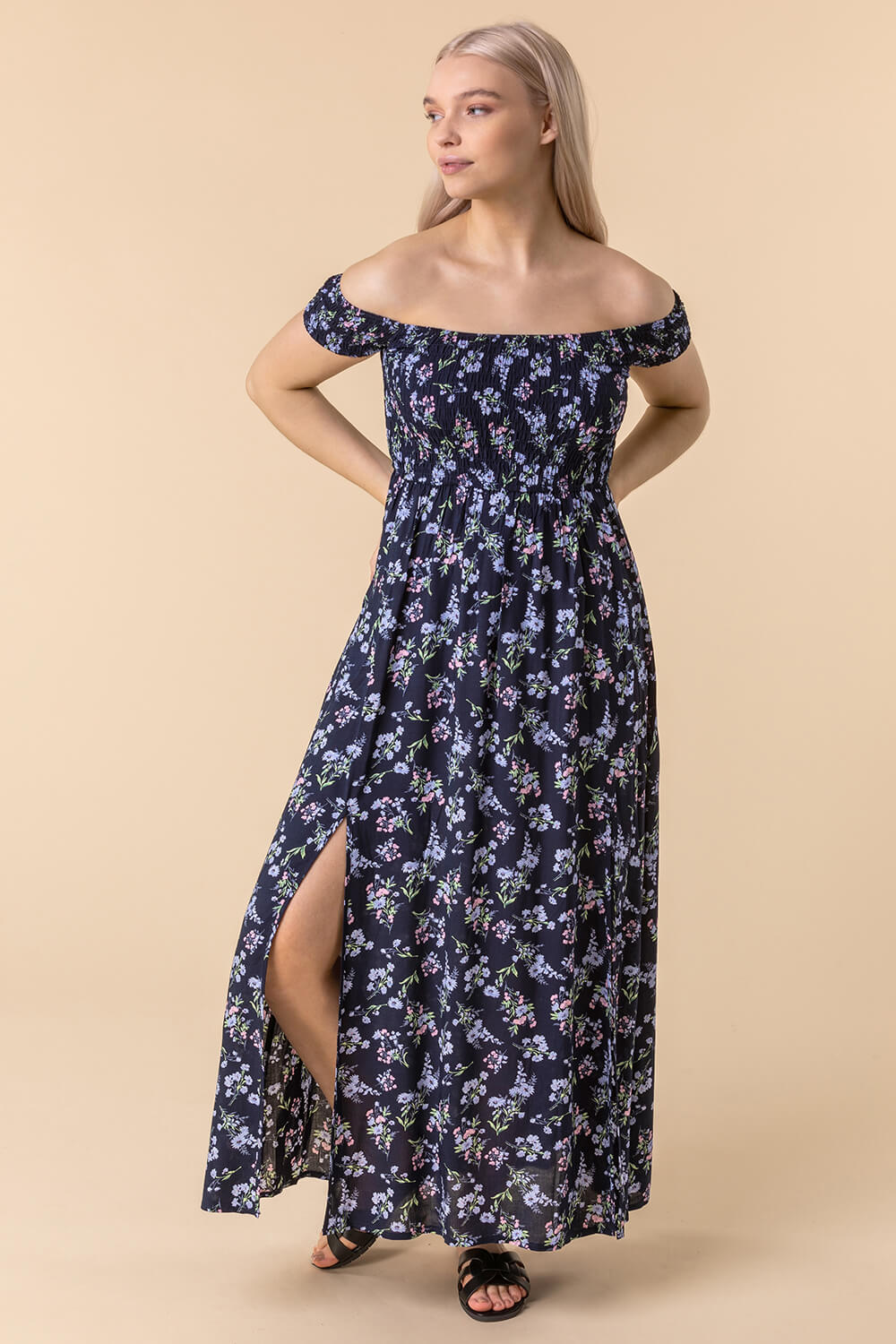 Shirred Ditsy Floral Print Bardot Dress