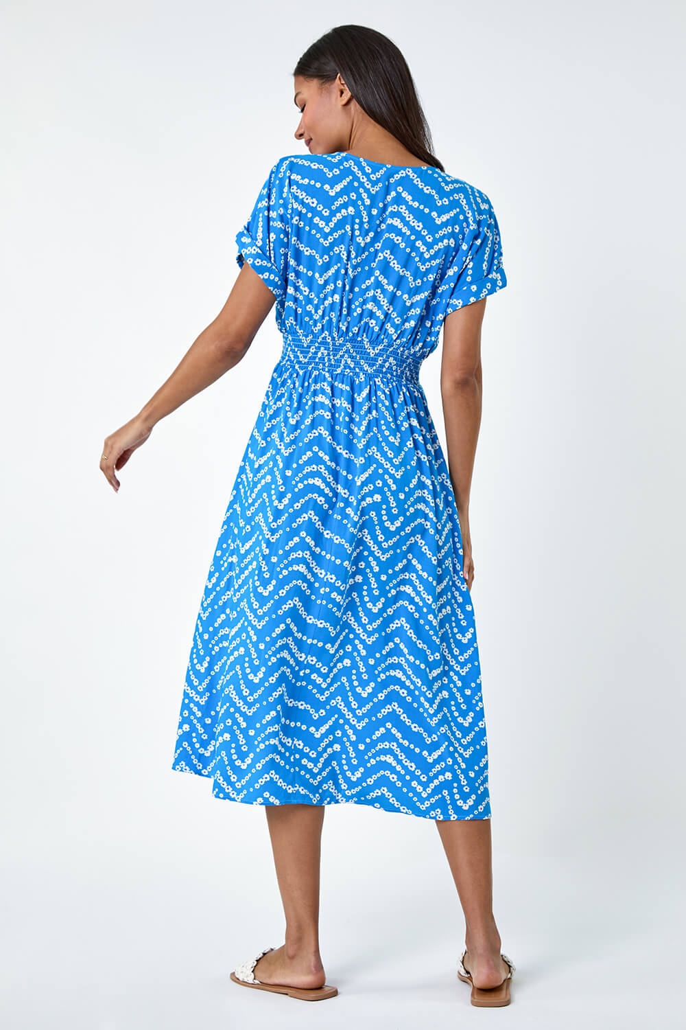 Blue Abstract Floral Zig Zag Print Midi Dress, Image 3 of 5