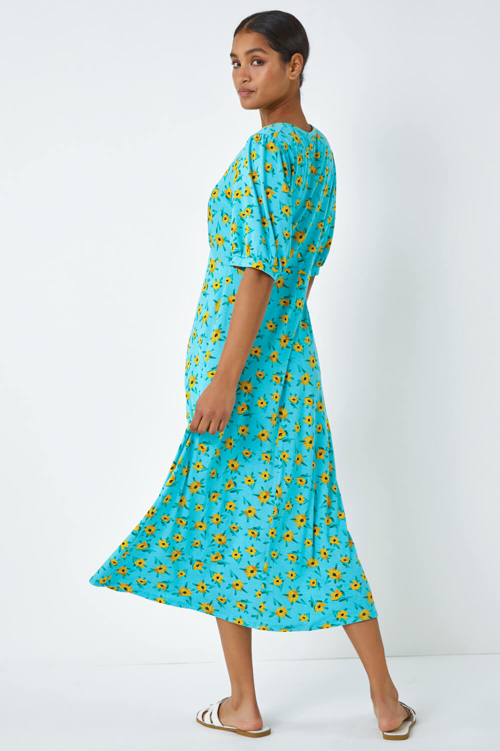 Blue Sunflower Print Keyhole Stretch Midi Dress, Image 4 of 6