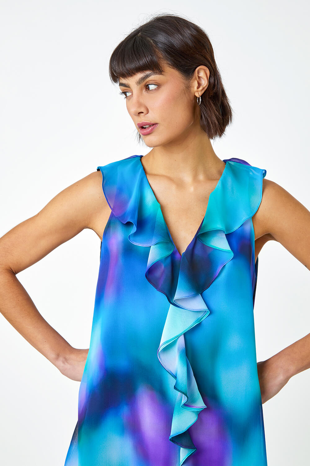 Blue Ombre Print Ruffle Front Top, Image 4 of 5