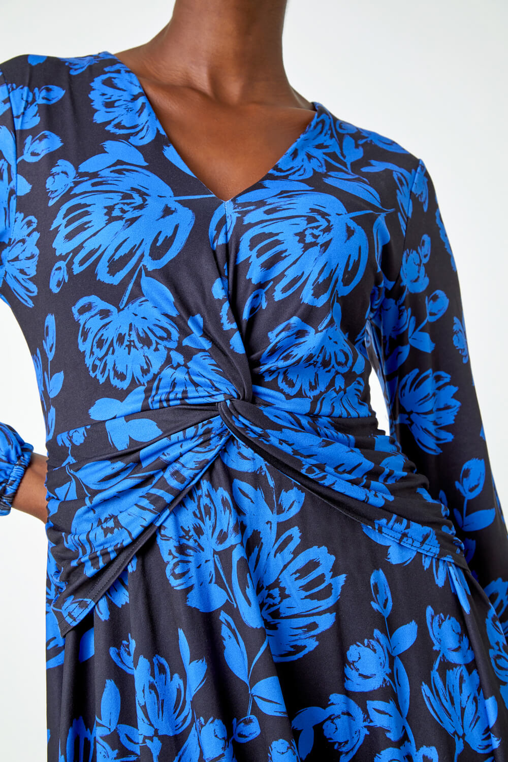 Royal Blue Floral Print Twist Detail Stretch Dress, Image 5 of 5