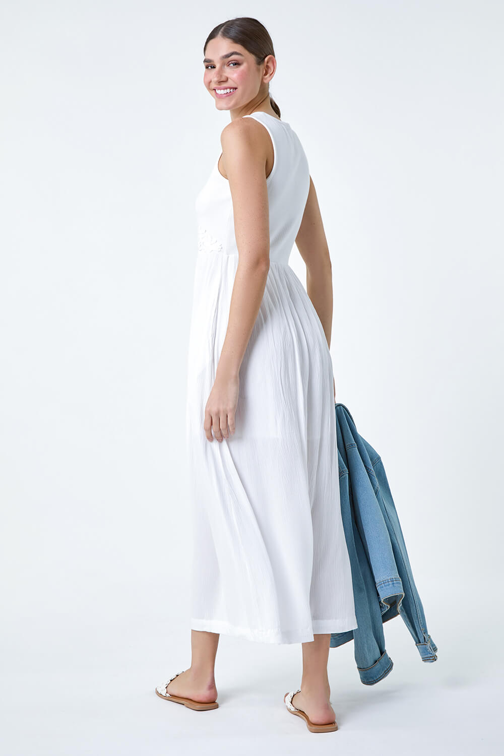 White Cotton Blend Lace Detail Midi Dress, Image 3 of 5