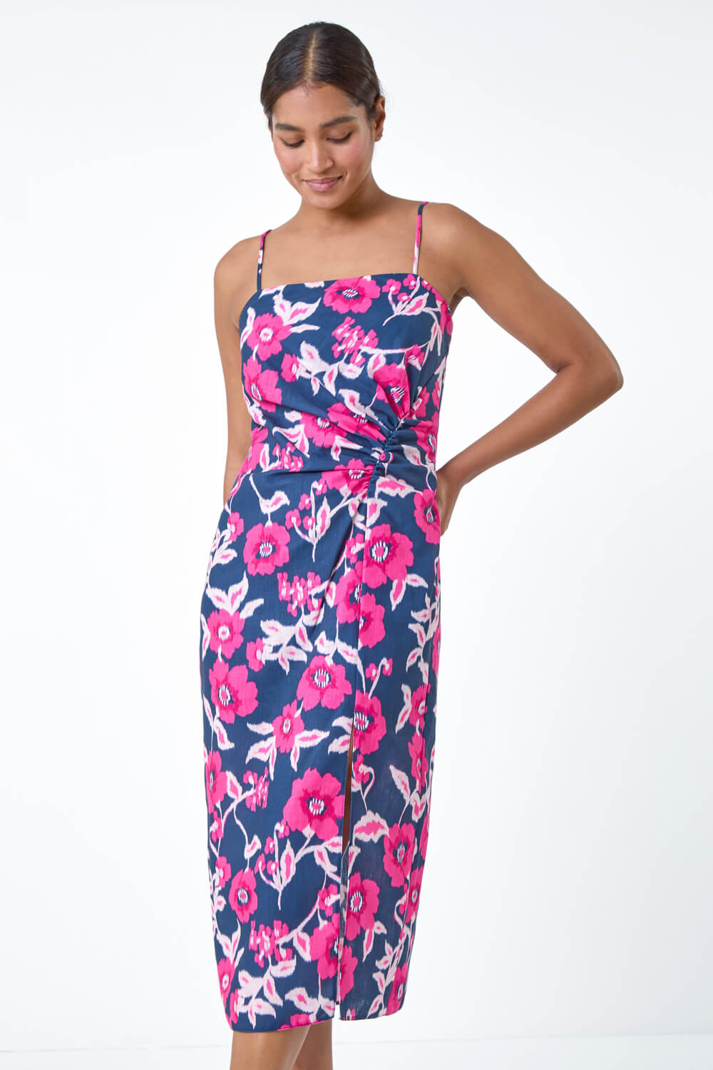 PINK Floral Linen Look Ruched Midi Dress, Image 2 of 5